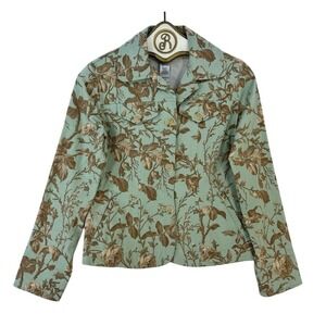 Villager Boho Floral Jacket SMALL Green Button Front Blazer Casual Retro Indie